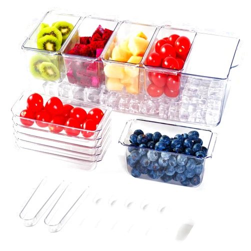Luckore Chilled Condiment Tray Server with 5 Containers and Removable Compartments, Large Ice Chilled Condiment Organizer, Clear Garnish Serving Platter for Fruit, Salad, Food, Bar Accessories