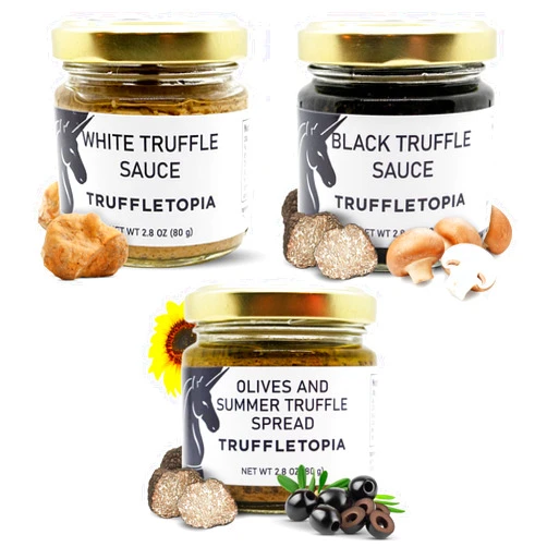 Truffletopia | Truffle Sauce Trio | Black White and Olive Spread with Real Truffles | Best Gourmet Pasta or Pizza Sauce | Better than Truffle Oil | Gluten Free, Non-GMO| Gift Set Sampler | 3 Sauces