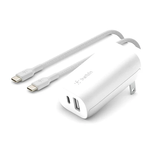 Belkin USB C Wall Charger 32W C to C Cable Included PD with 20W USB C & 12W USB A Ports for USB-C Power Delivery