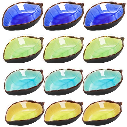 Jucoan 12 Pack Ceramic Soy Sauce Dish, 4 Inch 2 Oz Leaf Shape Small Sauce Dish Salsa Dipping Bowls for Charcuterie Board, Taco, Party, Mini Pinch Bowl for Sushi Oil Vinegar Ketchup Paste Jam