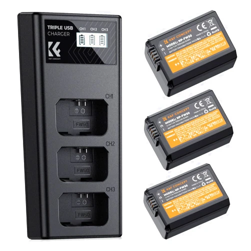 K&F CONCEPT 3-Pack NP-FW50 Battery and Upgraded 3-Slot ZV-E10 Battery Charger Compatible with Sony Alpha A6400 A6000 A6300 A6500 A5000 A5100 A7 A7II A7R A7RII A7S A7SII RX10 II III IV Cameras