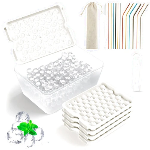 OBKOJJ Round Ice Cube Tray with Lid and Ice Container with 12 Straws & Brush, 212PCS Ice Ball Maker Mold for Freezer, BPA Free Sphere Ice Cube Trays for Making Ice Balls for Whiskey Cocktail, White
