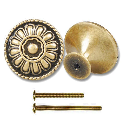 trust4care 4-Pack of Euro Style Kitchen Brushed Antique Brass Cabinet Knobs Pull - Vintage Aged Dresser Drawer Round Knobs Handles - Antique Golden Floral for Rustic Décor