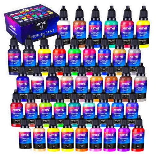 Artme Airbrush Paint, ARTME 42 Colors Ready to Spray, Opaque & Water Based Acrylic Airbrush Paint Set Including Metallic & Neon Colors, Premium Airbrush Paints for Artists, Hobbyist, 20ml/0.7 oz Each Bottle