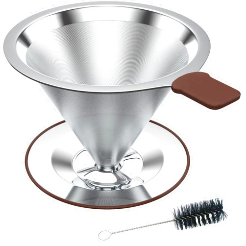 CELLGOKO Pour Over Coffee Dripper with Stainless Steel Brew Strainer - Reusable Paperless Coffee Filter for 2-3 Cups, Includes Cup Stand & Cleaning Brush (Mid)