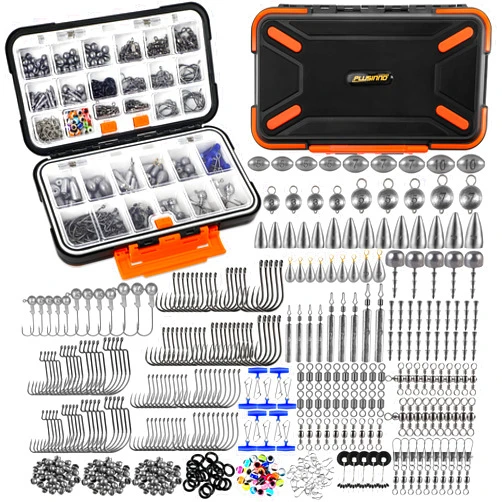PLUSINNO 397pcs Fishing Accessories Kit, Fishing Tackle Box with Tackle Included, Hooks, Weights, Jig Heads, Swivels Snaps Combined into 12 Rigs, Fishing Gear Equipment for Bass