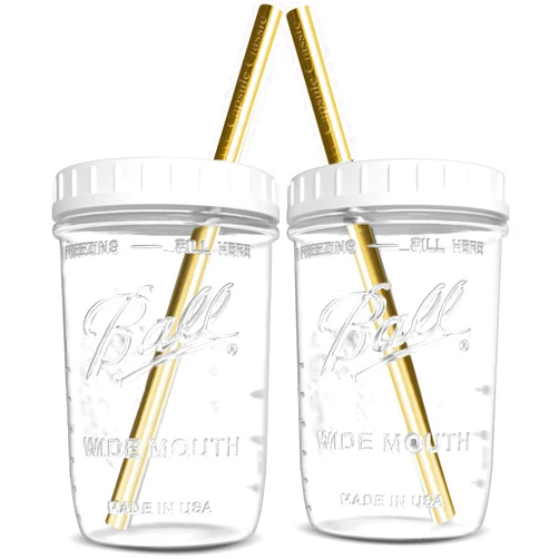 Capsule Classic Reusable Wide Mouth Smoothie Cups for Boba Tea/Bubble Tea with Lids and Gold Straws, Mason Jars Glass Cups (2-pack, 16 oz) Brand Capsule Classic