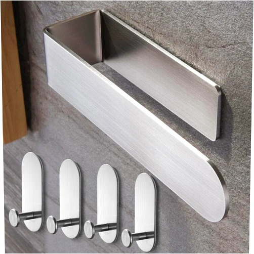 Taozun Hand Towel Holder - Towel Racks for Bathroom with 4 Pack Adhesive Towel Hooks, Stainless Steel Self Adhesive Towel Bar Set Stick on Wall (Brushed Silver)