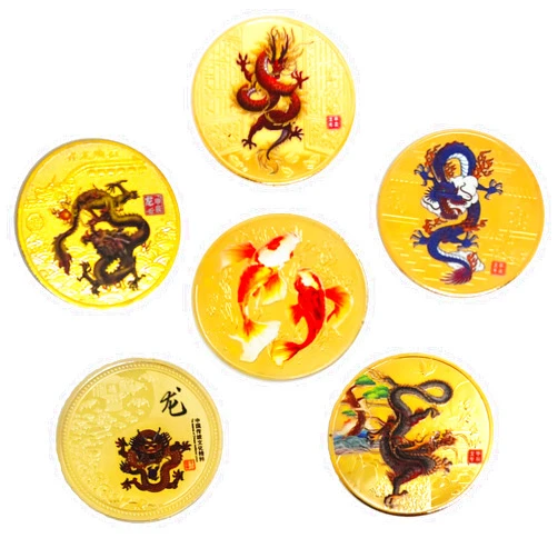 LukPlen 6PCS Good Luck Coins Asian Ancient Mythical Creatures 5Loongs and The Koi Fish Lucky Coin Sets Lottery Ticket Scratcher Tool Novelty Coins for Office Fortune Collection Gifts