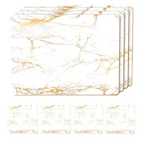 Moderry Set of 4 Heat Resistant Cork Placemats for Dining Table with Free Set of 4 Matching Drink Coasters Marble Design 16 x 12 Inches Cork Backed Hard Placemats (Foiled Gold)