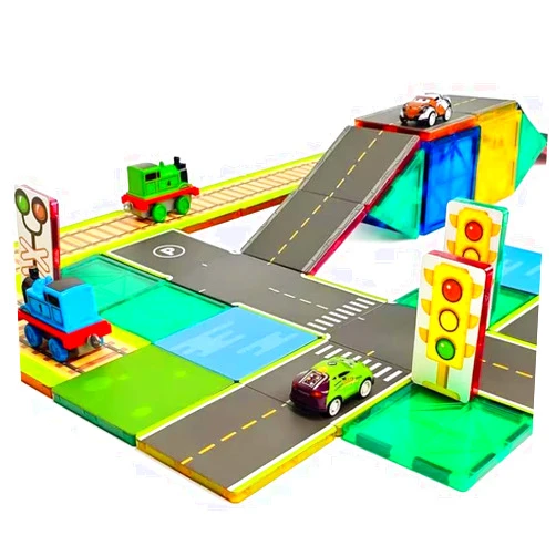 Asago Magnetic Tiles Road Toppers Set & Train Railway Set Kids Toys for Boys and Girls Playing with Car Train Toys Preschool Learning Activities Gift for 4 5 6 Year Old Toddlers Kids