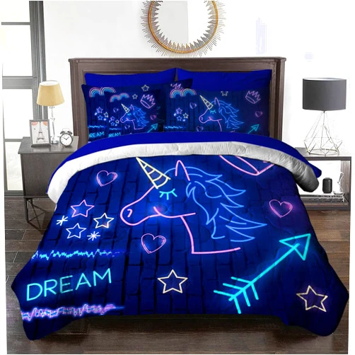 BlessLiving Unicorn Comforter Set Full, 8 Pieces Blue Neon Unicorn Bed in a Bag Bed Set with Comforter and Sheets, All Season Down Alternative Bedding Comforter Sets