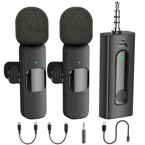 KASHEVI 4 in 1 Professional Wireless Lavalier Microphone - 2 Pack Mini Microphone for iPhone Android Camera, Noise Reduction Lapel Mic Ultra Low Delay for Video Recording, YouTube, Interview, Tiktok and Vlog