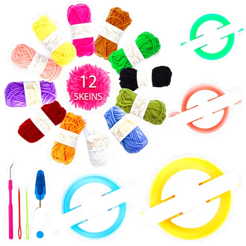 VGOODALL 20PCS Pom Pom Maker Kit, Pom Pom Makers with Colorful Yarn Skeins Knitting Puff Ball Maker Set for Kids Adults Beginners DIY Decoration