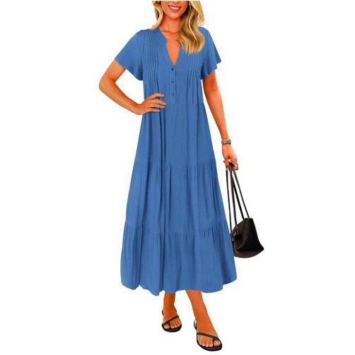 KIRUNDO Womens Summer Dresses 2025 Spring Fashion Short Sleeve Button V Neck Pleated Loose Tiered Swing Flowy Maxi Dress