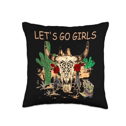 Vretinos Let's Go Girls Cowgirl Western Deserts Cactus Bulls Skulls Throw Pillow, 16x16, Multicolor