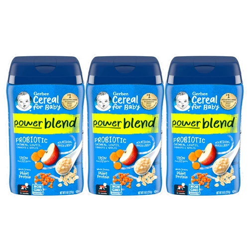 Gerber Cereal for Baby Power Blend Baby Cereal, Probiotic with Oatmeal, Lentil, Carrots & Apples, Made with Whole Grains & Plant Protein, 8 OZ Canister (Pack of 3)