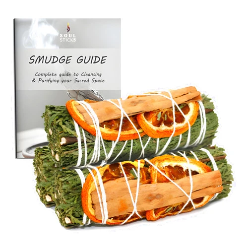 Soul Sticks 3 Pack Cedar Orange Cinnamon Sage Smudge Sticks for Money Cleansing House, Abundance, Money, Negative Energy Cleanse, and Smudging with Starter Guide | 4 Inch Bundles
