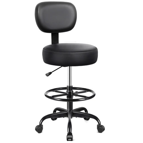 Brick Attic Drafting Chair with Backrest – Adjustable Foot Rest Rolling Stool with Wheels, PU Leather Swivel Stool for Office Spa Studio Lab Counter Salon Home Work Bar Kitchen Shop(Black)