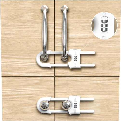 Jola's House 4 Pack Child Proof Sliding Cabinet Door Code Locks Baby Safety Cupboard Locks Adjustable U Shaped Cabinet Latches for Knob Handle Drawers Closet Plastic (4 PCS, White)