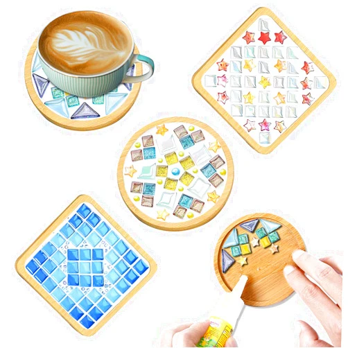 WATHFKCU 4 Sets DIY Glass Mosaic Tiles for Crafts,Mixed Color Mosaic Kits with Wooden Coaster for Adults,Mosaic Crafts Materials Package for Coaster Handmade Home Decor Gifts