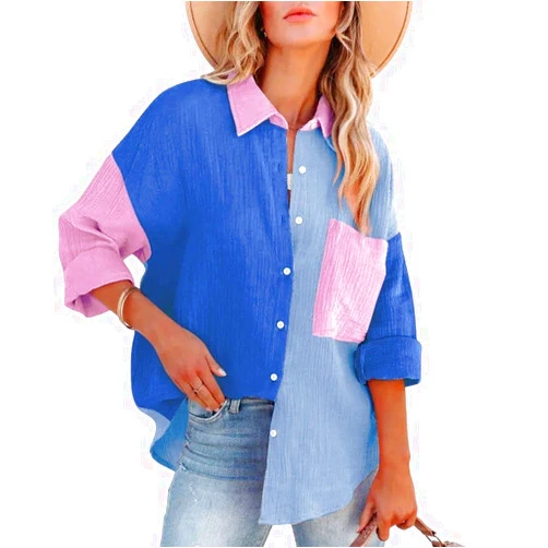 chouyatou Women's Color Block Long Sleeve Button Down Boyfriend Shirt Blouses
