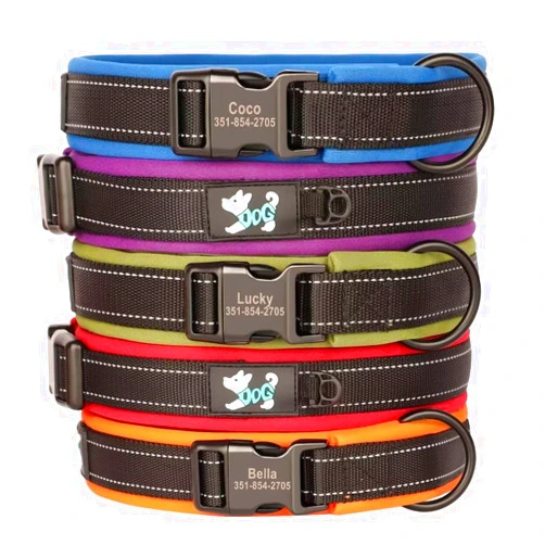 KINYABLUE Soft Neoprene Padded Personalized Dog Collars for Large Dogs, Custom Reflective Dog Collar with Name and Phone Number, Heavy Duty Nylon Dog Collar with Quick Release Buckle, L (16-21
