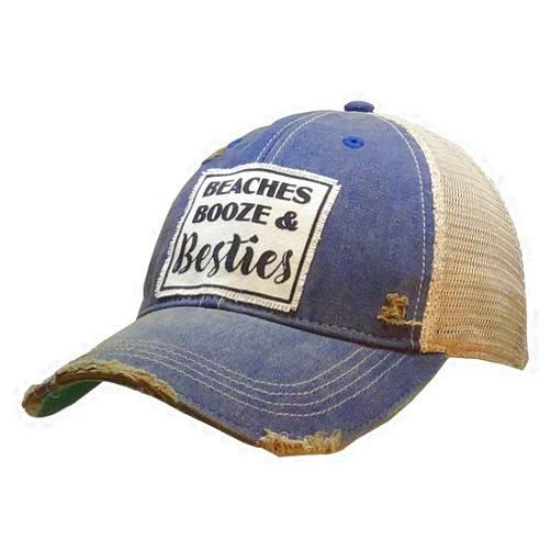 VINTAGE LIFE Beaches Booze and Besties Vintage Distressed Trucker Cap, Royal Blue, Adult Headwear Accessories