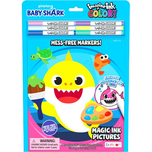 Bendon Baby Shark 20-Page Imagine Ink Imagine Color Pad with 6 Mess Free Markers 47226