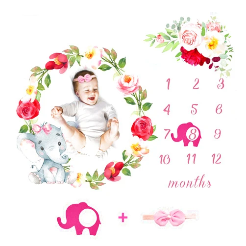 BONRI Baby Monthly Milestone Blanket Girl - Newborn Month Blanket Personalized Shower Gift Soft Fleece Photography Background Photo Prop Floral Elephant Blanket with Frame Headband Large 51''x40''