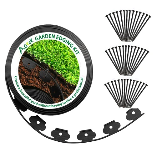AGTEK 46FT Plastic Landscape Edging Kit 1.5in. Height No-Dig Garden Edging Border Lawn Edging Roll for Flower Bed Lawn Yard, Black, with 42 Anchoring Spikes