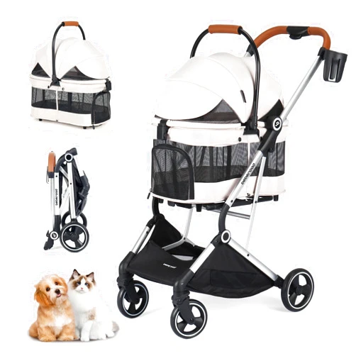 BEBEROAD PETS T3 PRO Pet Stroller Dog Cat Stroller for Small Medium Dogs Cats, 4 Wheels Travel Folding Carrier Waterproof Puppy Stroller with Pad, Canopy and Cup Holder, Beige