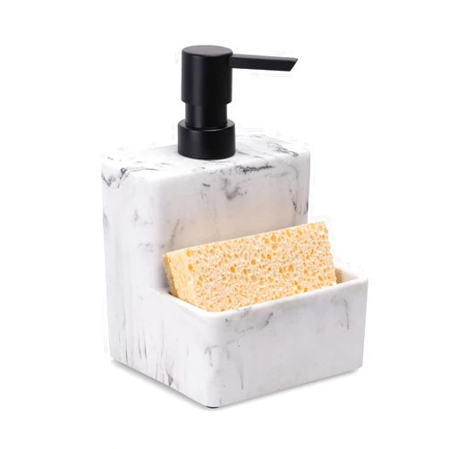 zccz Soap Dispenser with Sponge Holder, Marble Look Liquid Hand and Dish Soap Dispenser Pump Bottle and Sponge Holder 2 in 1 for Kitchen Sink Bathroom Counter Storage and Organization