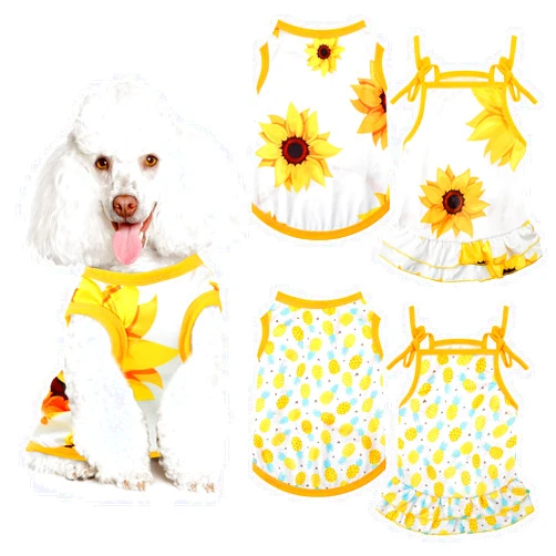 Frienda 4 Pieces Pet Clothes Set Include 2 Pieces Cute Pet Dress Lovely Fruit Dog Dress and 2 Pieces Dog Shirt Breathable Pet T-Shirt Puppy Clothes Shirt for Pet (Pineapple, Sunflower,Large)