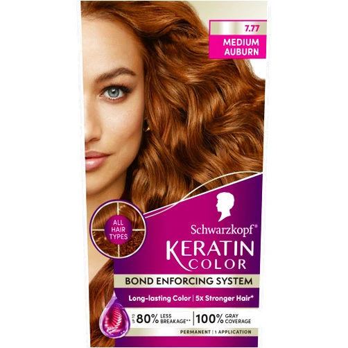 Schwarzkopf Keratin Color Permanent Hair Color, 7.7 Medium Auburn - Professional Quality Permanent Hair Dye, Up to 100% Gray Coverage - 1 Application