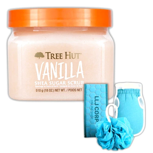 LLJ CORP ONLINE SHOP Tree Hut Shea Sugar Scrub Vanilla 18oz, Bundle Ultra Hydrating and Exfoliating Scrub for Nourishing Essential Body Care With 3 LLJ Corp Mesh Bath And Shower