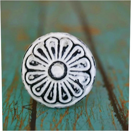 MarktSq Set of Four Round Metal Cabinet Knobs with Floral Pattern in Distressed White