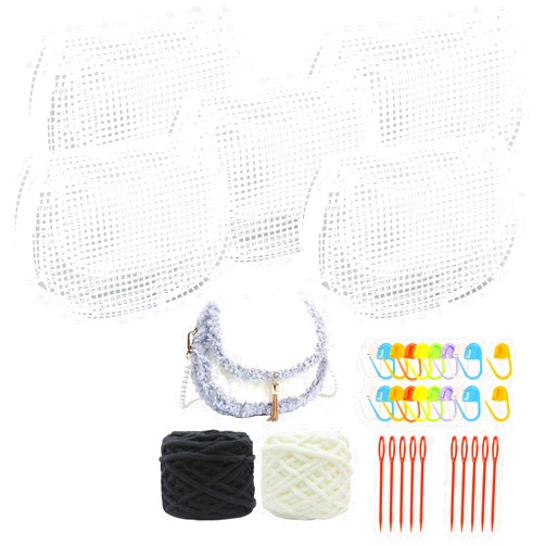 Allazone 37 PCS Clear Plastic Mesh Canvas Sheets for Embroidery, Plastic Canvas Plastic Mesh Sheets with 2 Color Acrylic Yarn for DIY Sewing Bag