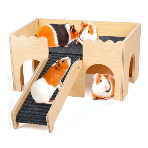 PESNLO Wooden Guinea Pig Hideout Castle with Stairs,Small Animal Bed Hut Habitats Spacious 2-Level Detachable Small Pet House for Rabbits, Hamsters & Chinchillas Bunny (Grey)