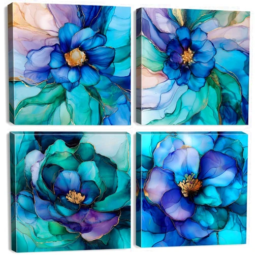 BL BORLINART Teal Wall Art Modern Purple Blue and Gold Marble Wall Decor Abstract Turquoise Flowers Canvas Prints Pictures Marble Floral Paintings Artwork for Living Room Bedroom Office Home Decoration 12x12