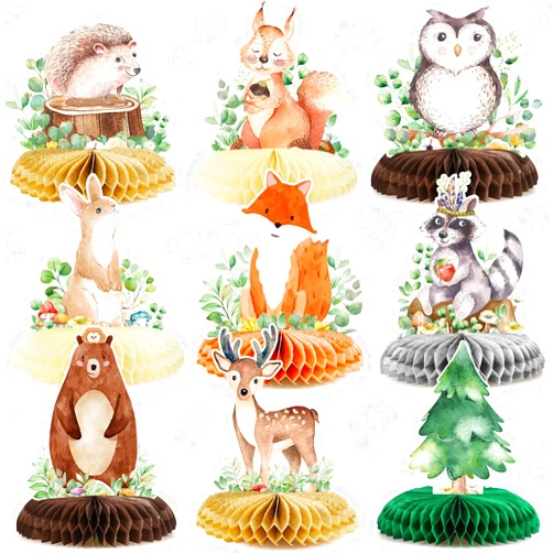 Fumete 9 Pack Woodland Animals Honeycomb Centerpieces 3D Table Topper Woodland Animals Centerpieces Woodland Baby Shower Decorations for Girl Boy Forest Theme Baby Shower Birthday Party Camping Decor