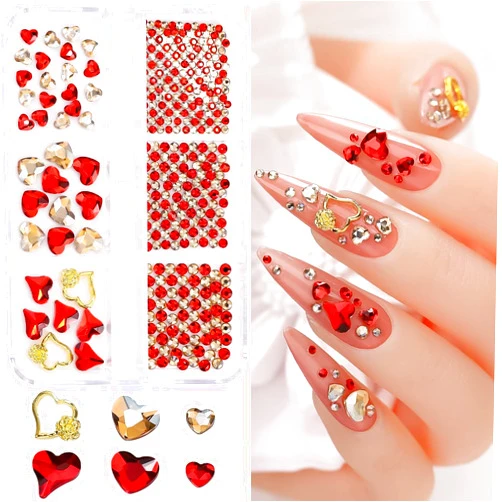 CHANGAR Heart Nail Rhinestone Big Red Heart Hollow Heart Nail Gems Diamond Multi-Size Round Crystal Glass Nail Charms Gold Flatback Rhinestones for Valentine's Day Nail Art Design Crafting Makeup
