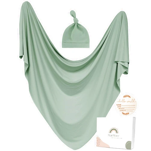 MairMore Baby Swaddle Receiving Blankets with Matching Beanie Set Newborn Nursery Swaddle Wrap for Baby Girls and Boys (Green)