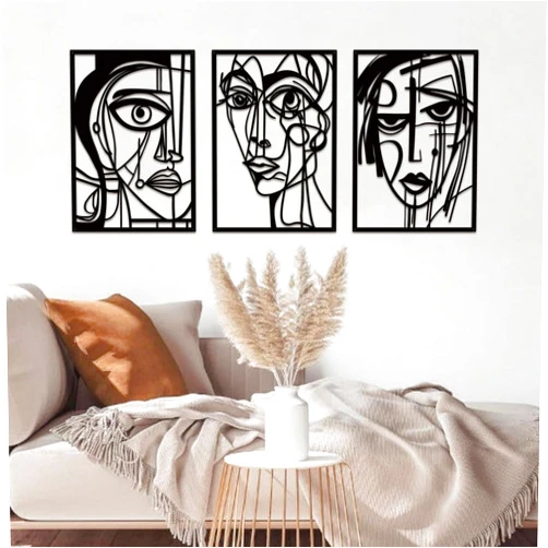 ESTART 3 Pieces Abstract Human Face Metal Wall Decor, Modern Minimalist Single Line Geometric Hanging Wall Art, Black Metal Wall Sculptures for Home Living Room Bedroom Bathroom Kitchen 37x15.7 IN