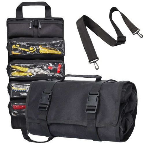HongXingHai Tool Bag,Gifts for Men,Roll Up Tool Bag, Rollable Carrying Toolbag,Heavy Duty Tool Organizer, Foldable Empty Rollup Organizer with 2 Small Pouches (Black)
