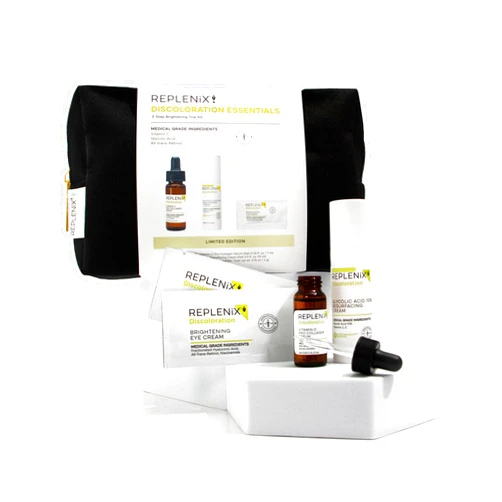 Replenix Discoloration Essentials 3 Step Brightening Medical-Grade Trial Kit (Set Includes Travel-Size Glycolic Acid Resurfacing Cream, Vitamin C Pro Collagen Serum, Brightening Eye Cream)