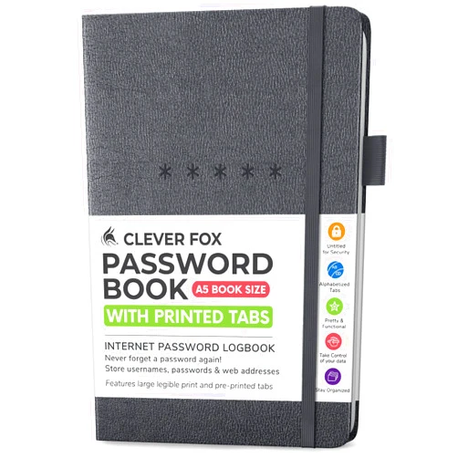Clever Fox Password Book – Alphabetized Internet Address & Password Organizer – Computer & Website Password Keeper Notebook – Log-In Password Journal - Medium, A5, 8.3x5.8″, Hardcover (Mystic Gray)