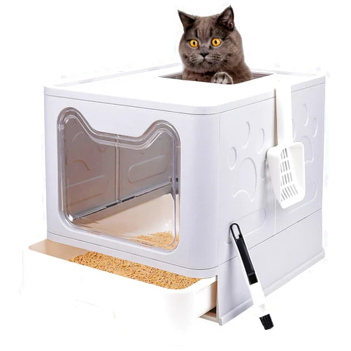 Fophop Foldable Cat Litter Box with Lid, Enclosed Cat Potty, Top Entry Anti-Splashing Cat Toilet, Easy to Clean Including Cat Litter Scoop and 2-1 Cleaning Brush (Grey) Large