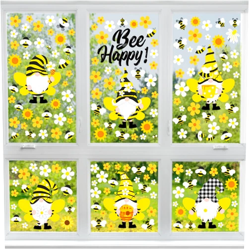 Geyoga 167 Pcs Bee Gnome Summer Window Clings 6 Sheets Bee Window Decal Gnome Flower Sticker Window Decorations Honeycomb Bee Window Stickers for Summer Carnival Party Glass Mirror Bee Day Decoration