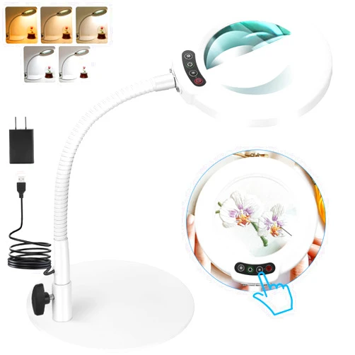 IVMAIE 10X Magnifying Glass with Light, Real Glass Lens, 5 Color Modes Dimmable, Flexible Gooseneck Lighted Magnifier with Stand, LED Desk Lamp Hands Free for Crafts Painting Reading Close Work, White